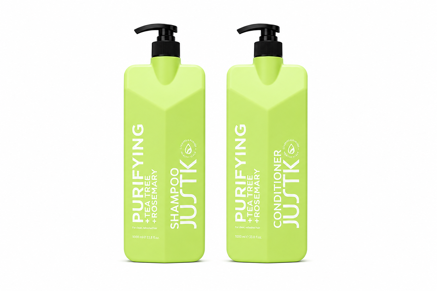 JUSTK Purifying shampoo and conditioner bottles with green pump, 1L bundle