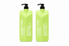 JUSTK Purifying shampoo and conditioner bottles with green pump, 1L bundle