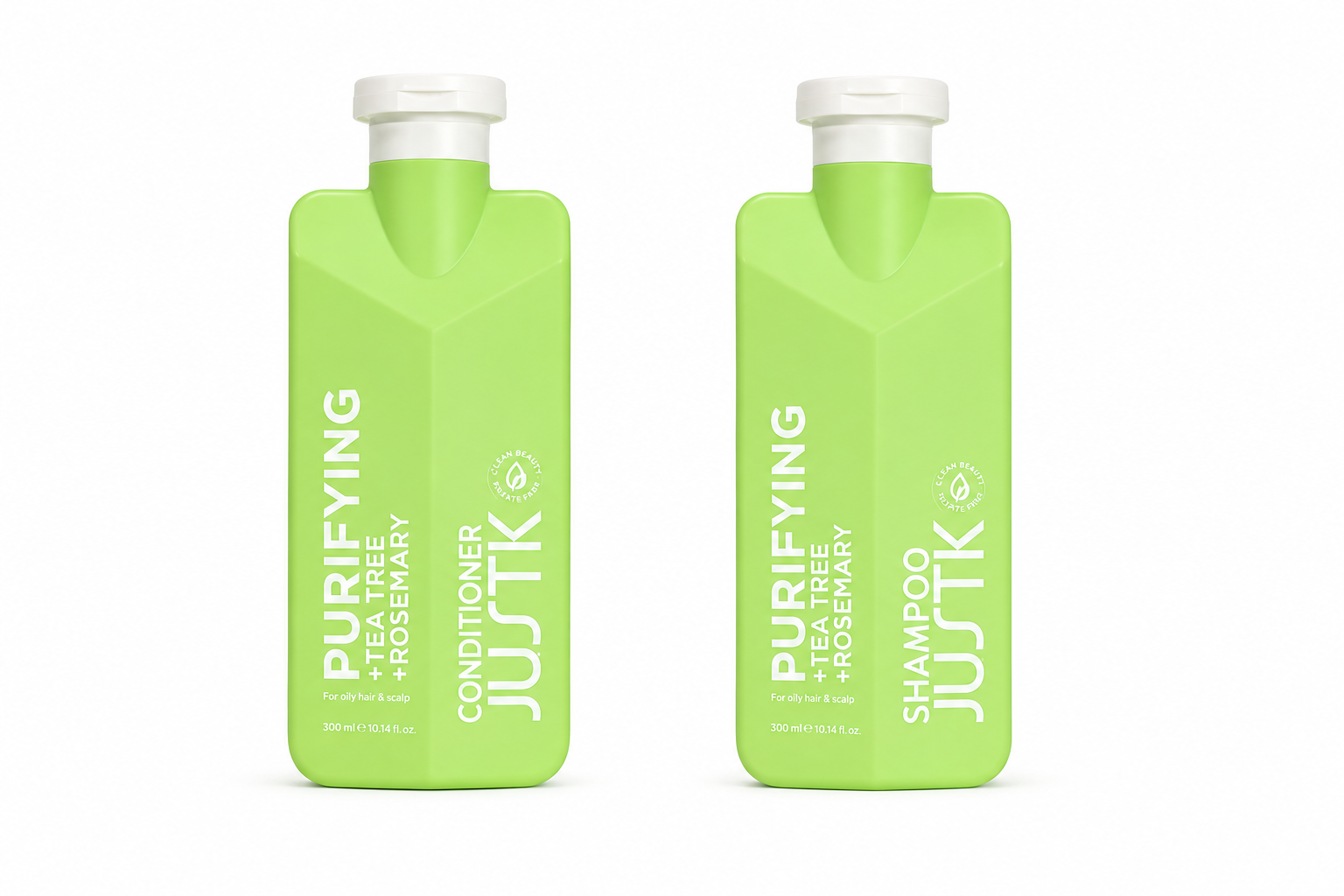 Purifying shampoo and conditioner bundle, two green bottles with white caps