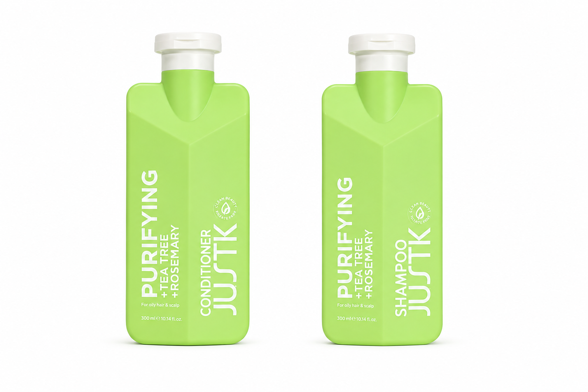 Purifying shampoo and conditioner bundle, two green bottles with white caps