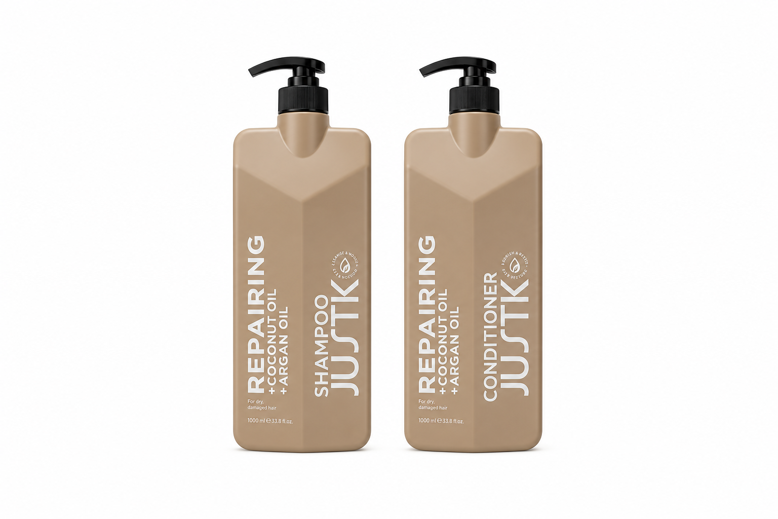 Repairing shampoo and conditioner bottles, beige pump dispensers, 1L size, set of 2