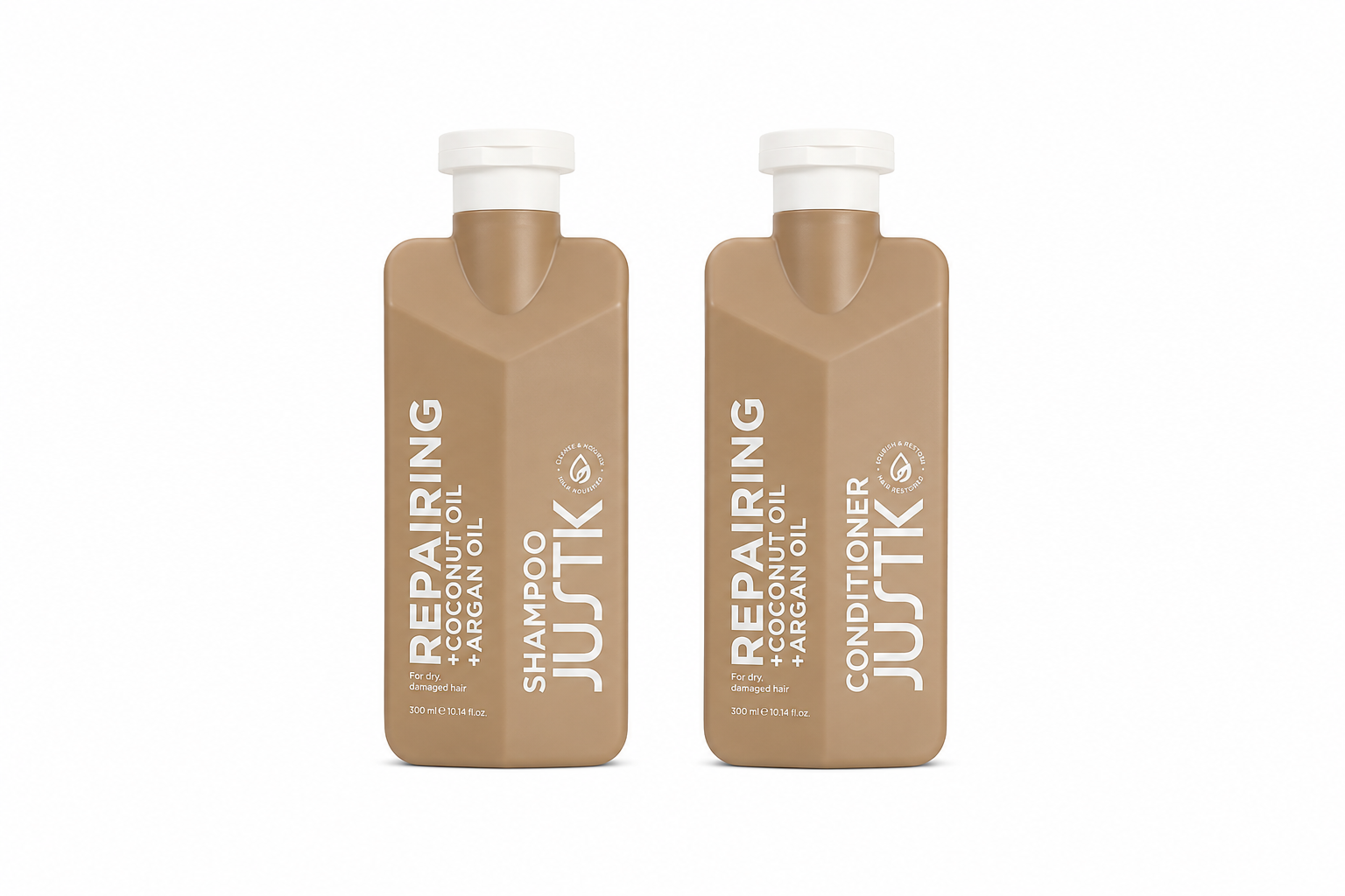 Shampoo and conditioner bottle set, brown refill pouches with pump caps