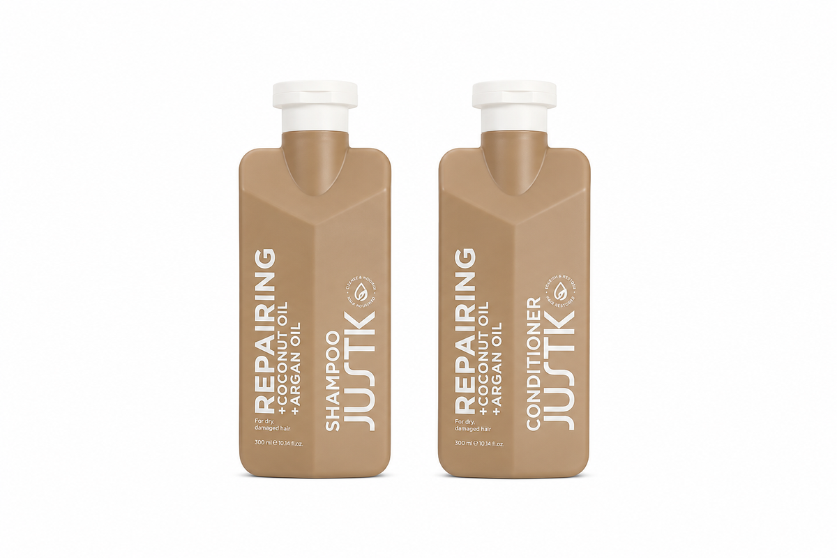 Shampoo and conditioner bottle set, brown refill pouches with pump caps