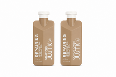 Shampoo and conditioner bottle set, brown refill pouches with pump caps