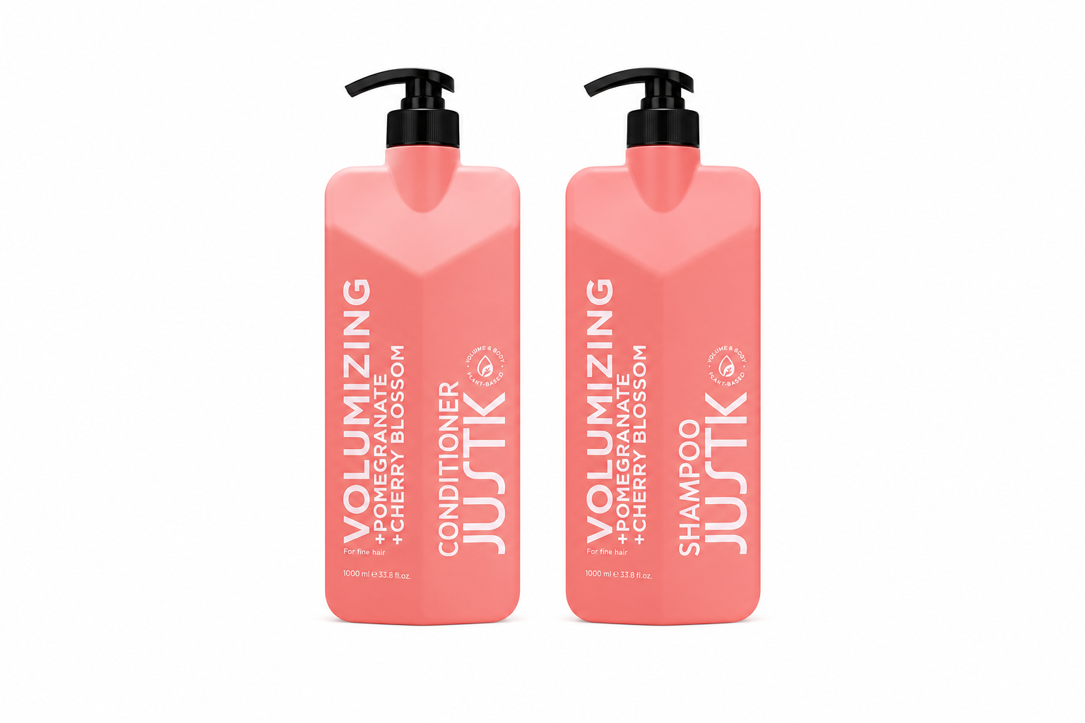 JUSTK volumizing shampoo and conditioner bottles, 1L, pink with black pump