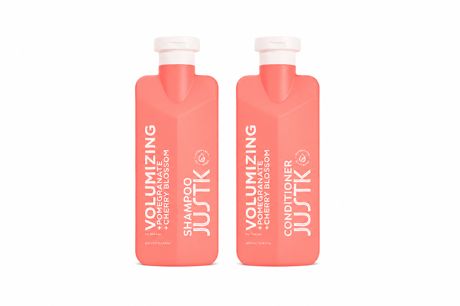 Pink volumizing shampoo and conditioner bottles, two-pack with flip-top caps