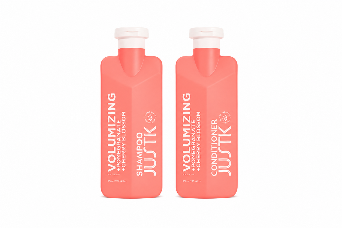 Pink volumizing shampoo and conditioner bottles, two-pack with flip-top caps