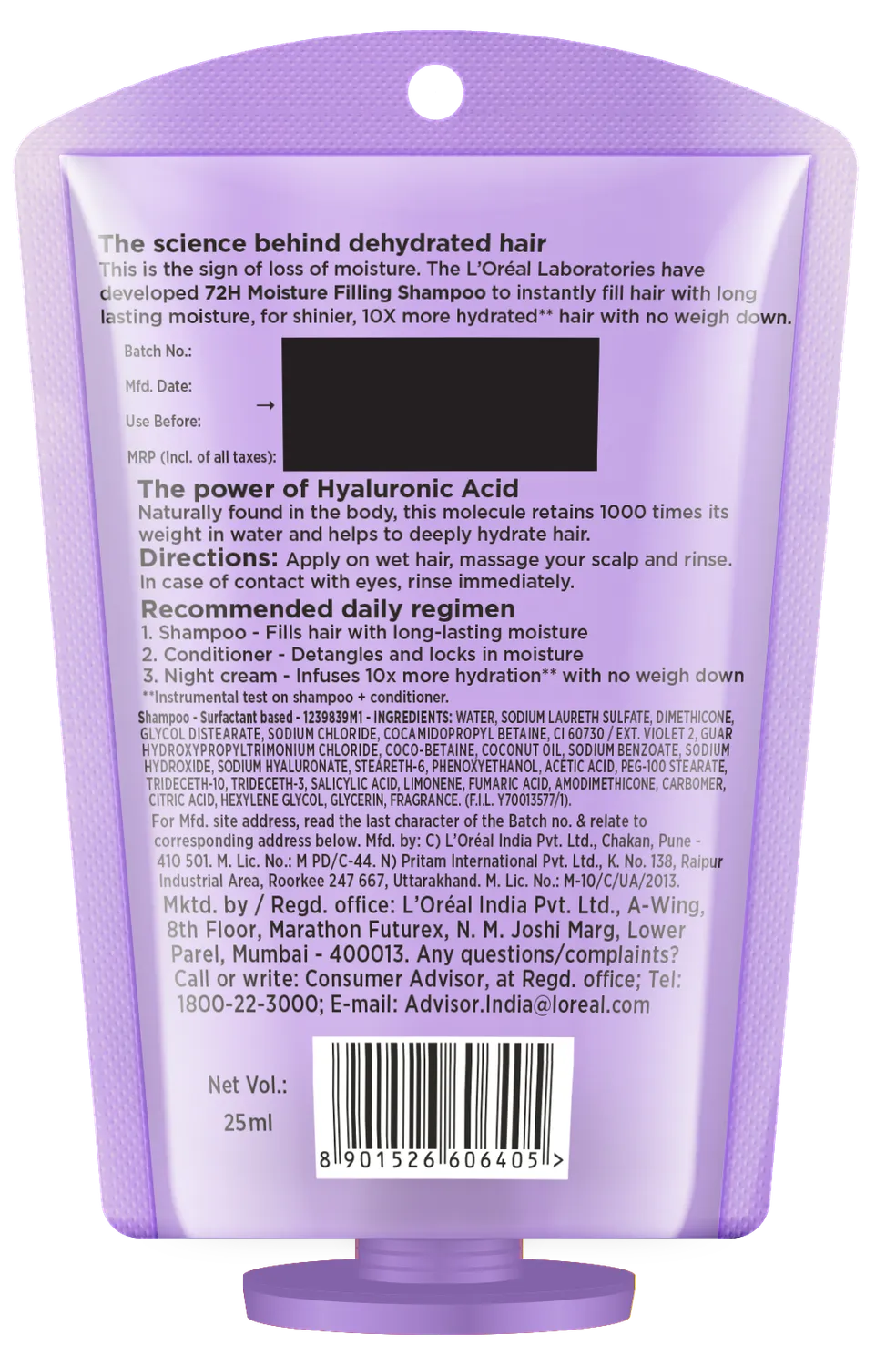 L'Oreal Paris - Hyaluron Moisture 72H Moisture Filling Shampoo with Hyaluronic Acid, for Dry and Dehydrated Hair, Adds Shine and Bounce, 25ml