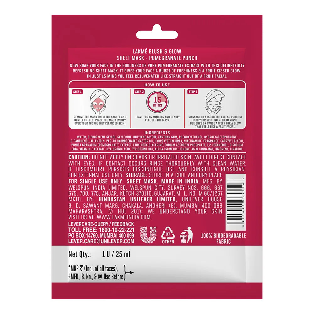 Lakme Blush & Glow Pomegranate Punch Sheet Mask 25 ml
