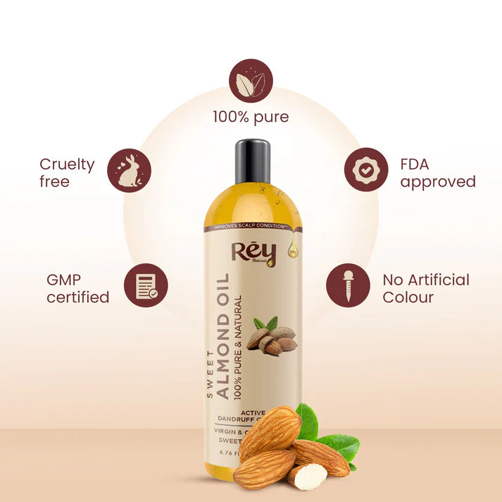 Rey Naturals - Sweet Almond Oil (Badam Oil) | 100% Pure, Cold Pressed Almond Hair Oil For Face, Skin & Hair | Rich In Vitamin-E | Oil For Soft, Shiny & Dandruff Free Hair | 200ml
