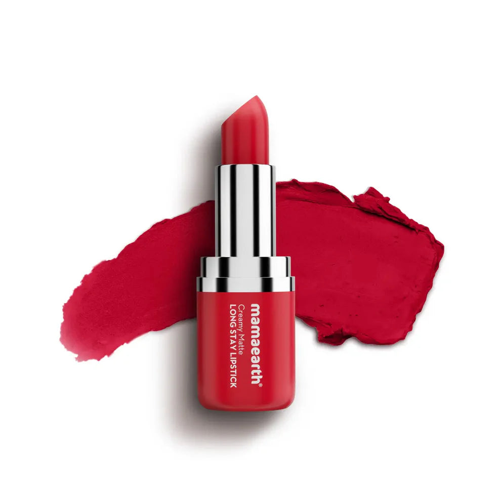 Ruby red matte long-stay lipstick with silver tube and red applicator tip