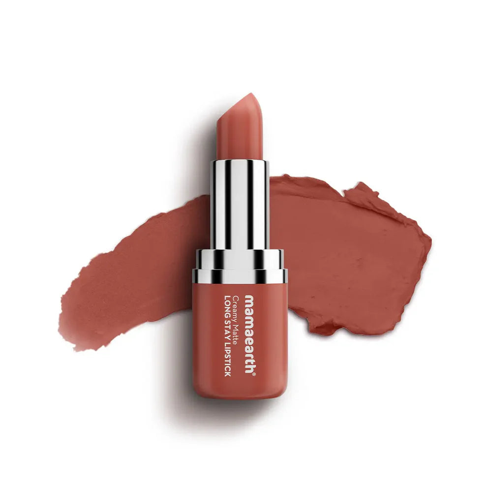 Matte long-stay lipstick in apricot taupe shade, in silver tube