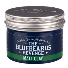 Matt clay styling jar with dark-blue front label and silver lid