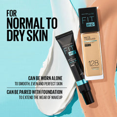 Maybelline Fit Me primer tube beside foundation bottle for normal to dry skin