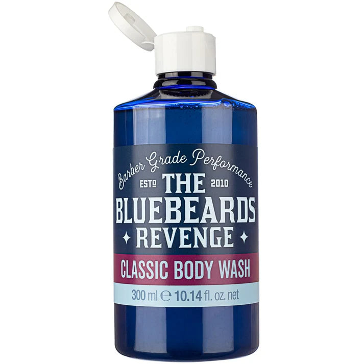 Blue body wash bottle with white dispensing cap, Classic Body Wash label, 300 ml.