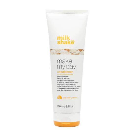 Hair conditioner tube with 'make my day' label and milk shake branding, 250 ml