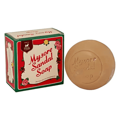 Mysore Sandal Soap bar and green-and-red product box
