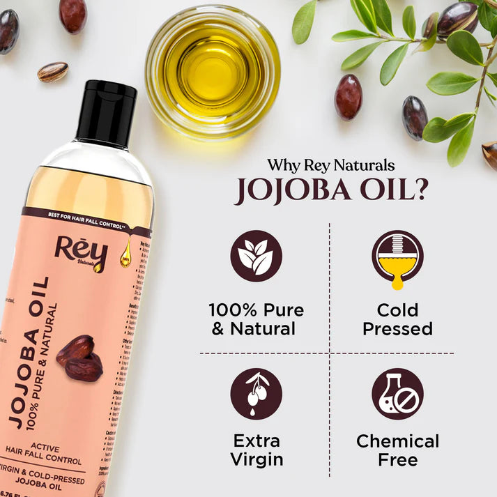 Rey Naturals - Jojoba Oil 100% Pure, Natural & Cold Pressed - Hydrates Skin, Nourishes Hair, Scalp | 200 Ml