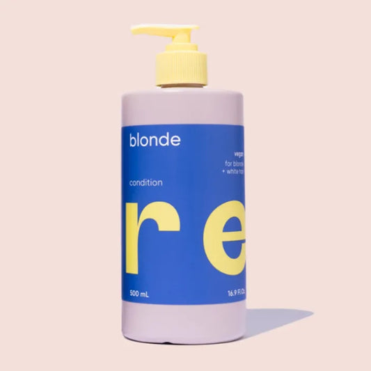 Blonde conditioner bottle with yellow pump, blue and pale purple label