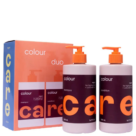 Hair color duo pack with orange pump bottles and box, shampoo and conditioner, 500 mL