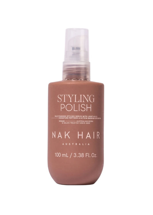 Brown styling polish serum bottle with white pump, 100 ml.
