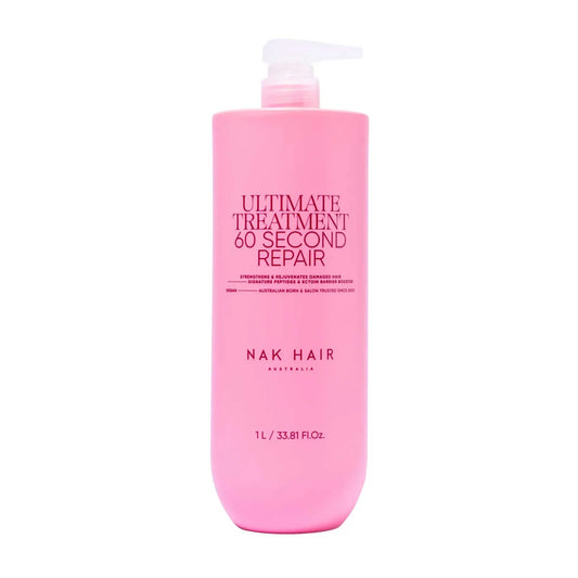 Pink hair treatment bottle with pump, label reading Ultimate Treatment 60 Second Repair