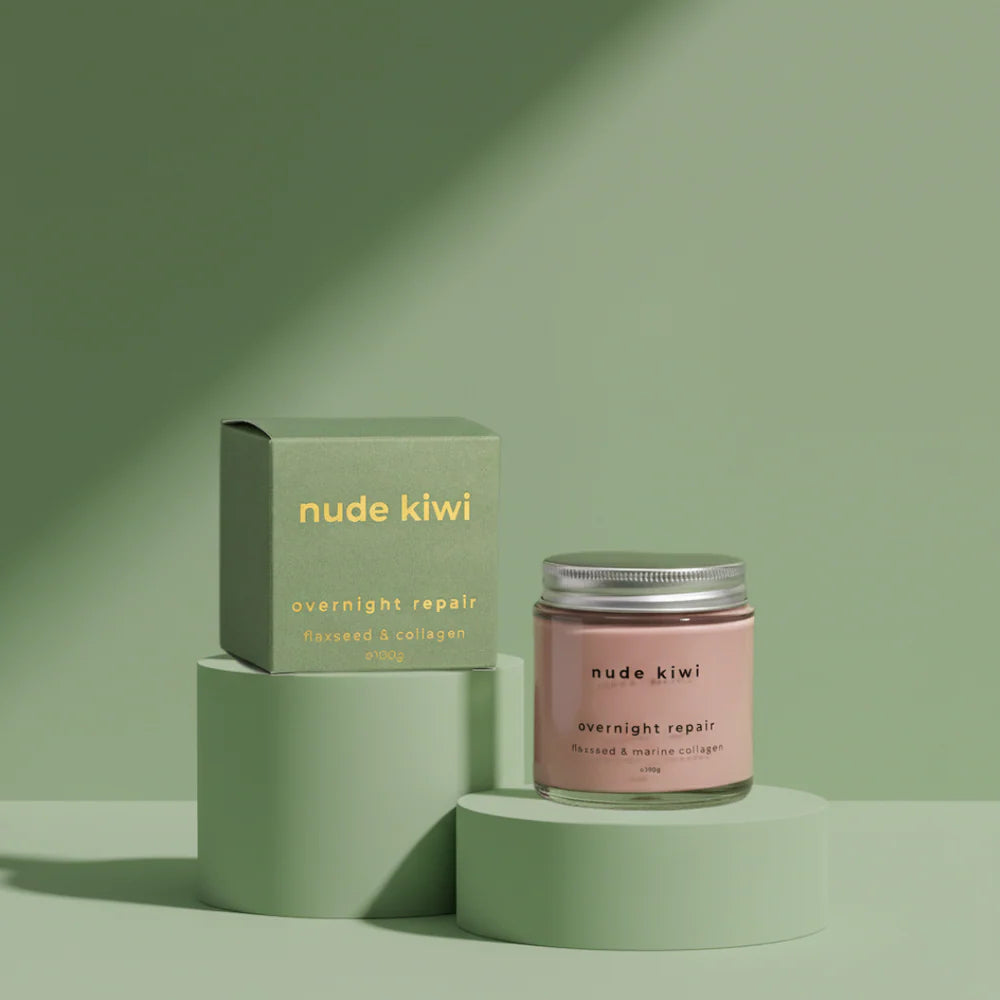 Nude Kiwi overnight repair jar with matching box on pedestal