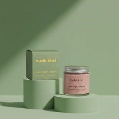 Nude Kiwi overnight repair jar with matching box on pedestal