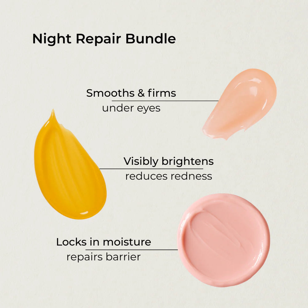 Pink overnight repair cream swatch circle with droplet and gel swatches