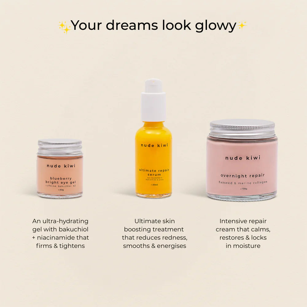 Nude Kiwi overnight repair cream jar with other skincare bottles in set
