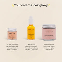Nude Kiwi overnight repair cream jar with other skincare bottles in set