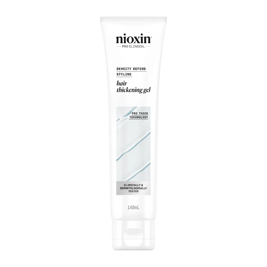 Nioxin hair thickening gel tube, 140 mL, white squeeze tube with blue stripe
