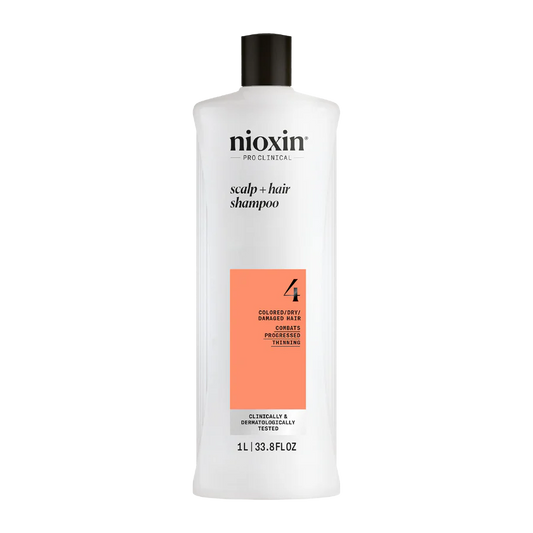 Nioxin System 4 scalp + hair thickening shampoo bottle, 1 L, white with orange label