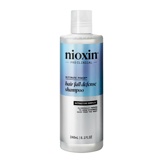Nioxin hair fall defense shampoo bottle, 240ml, white with light blue label