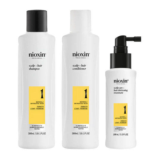 Nioxin scalp + hair thickening system kit: shampoo, conditioner, scalp treatment bottles