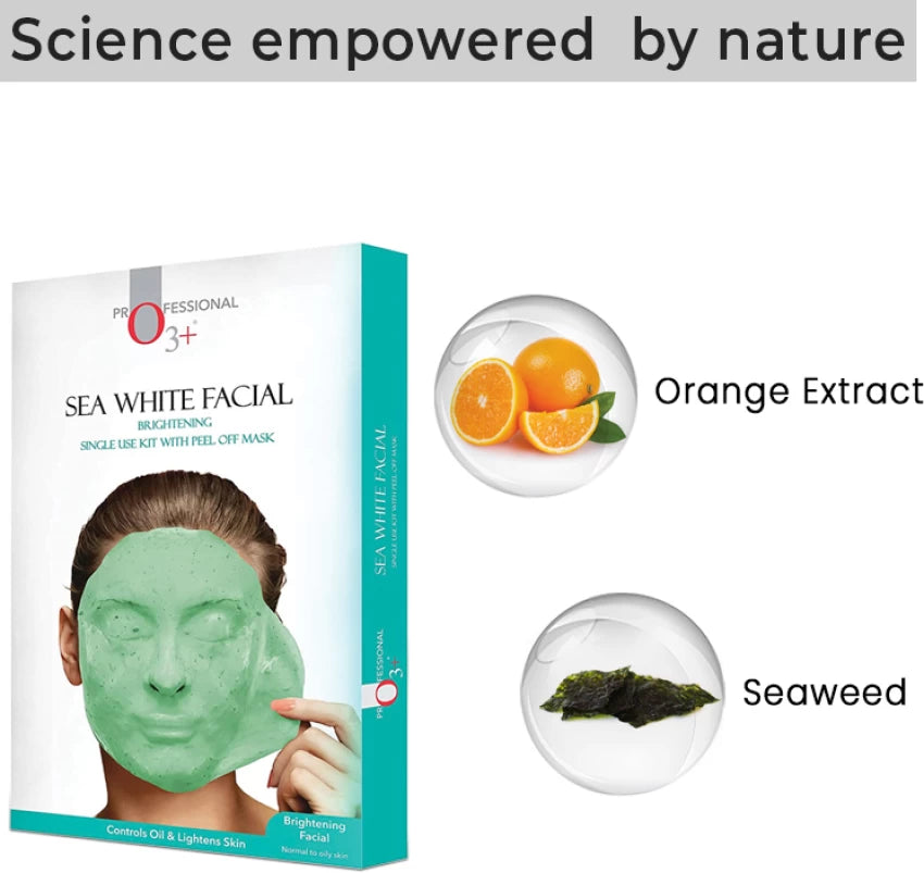 O3+ Sea White Facial Kit with Peel Off-Mask - Controls Oil & Lightens Skin - Single Use