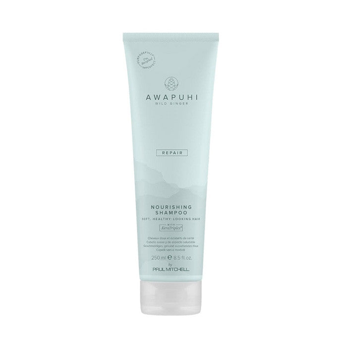 Nourishing shampoo squeeze tube, light aqua with Awapuhi branding