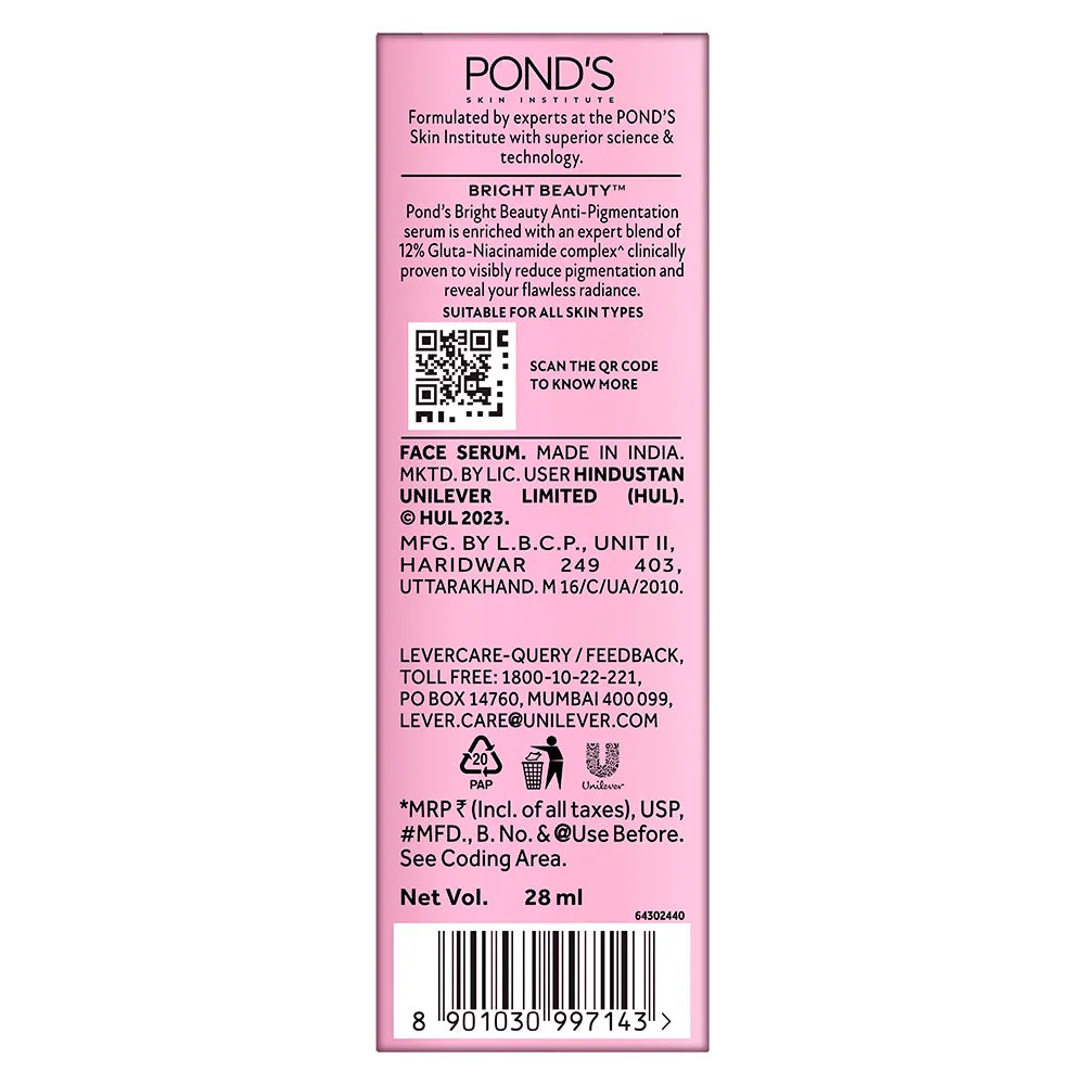 Pond's Bright Beauty Spot-Less Glow Serum Infused With Hyaluronic Acid Vitamin B3, Gluta-Boost-C 28ml
