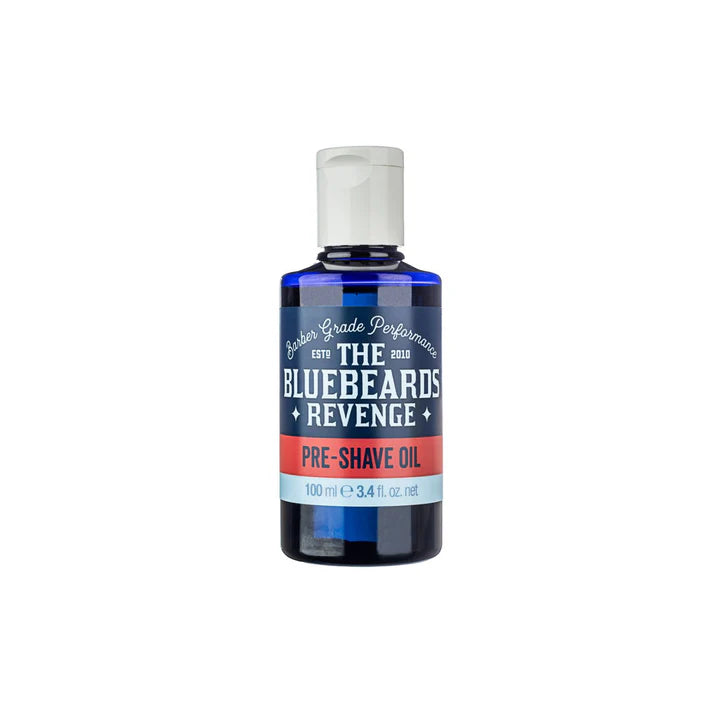 Pre-shave oil bottle with blue label and white cap, 100 ml