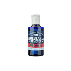 Pre-shave oil bottle with blue label and white cap, 100 ml