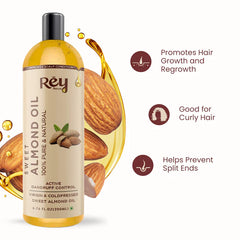 Rey Naturals - Sweet Almond Oil (Badam Oil) | 100% Pure, Cold Pressed Almond Hair Oil For Face, Skin & Hair | Rich In Vitamin-E | Oil For Soft, Shiny & Dandruff Free Hair | 200ml