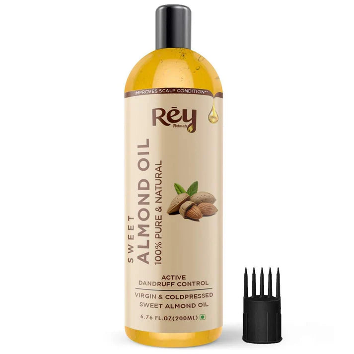 Rey Naturals - Sweet Almond Oil (Badam Oil) | 100% Pure, Cold Pressed Almond Hair Oil For Face, Skin & Hair | Rich In Vitamin-E | Oil For Soft, Shiny & Dandruff Free Hair | 200ml