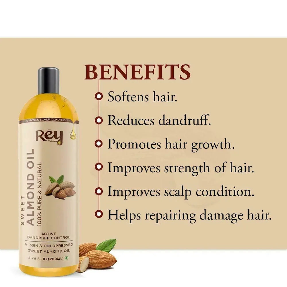 Rey Naturals - Sweet Almond Oil (Badam Oil) | 100% Pure, Cold Pressed Almond Hair Oil For Face, Skin & Hair | Rich In Vitamin-E | Oil For Soft, Shiny & Dandruff Free Hair | 200ml