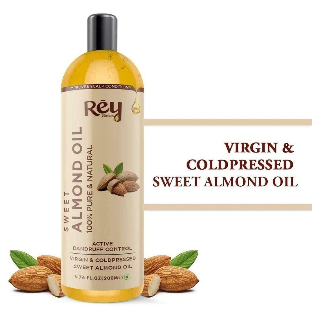 Rey Naturals - Sweet Almond Oil (Badam Oil) | 100% Pure, Cold Pressed Almond Hair Oil For Face, Skin & Hair | Rich In Vitamin-E | Oil For Soft, Shiny & Dandruff Free Hair | 200ml