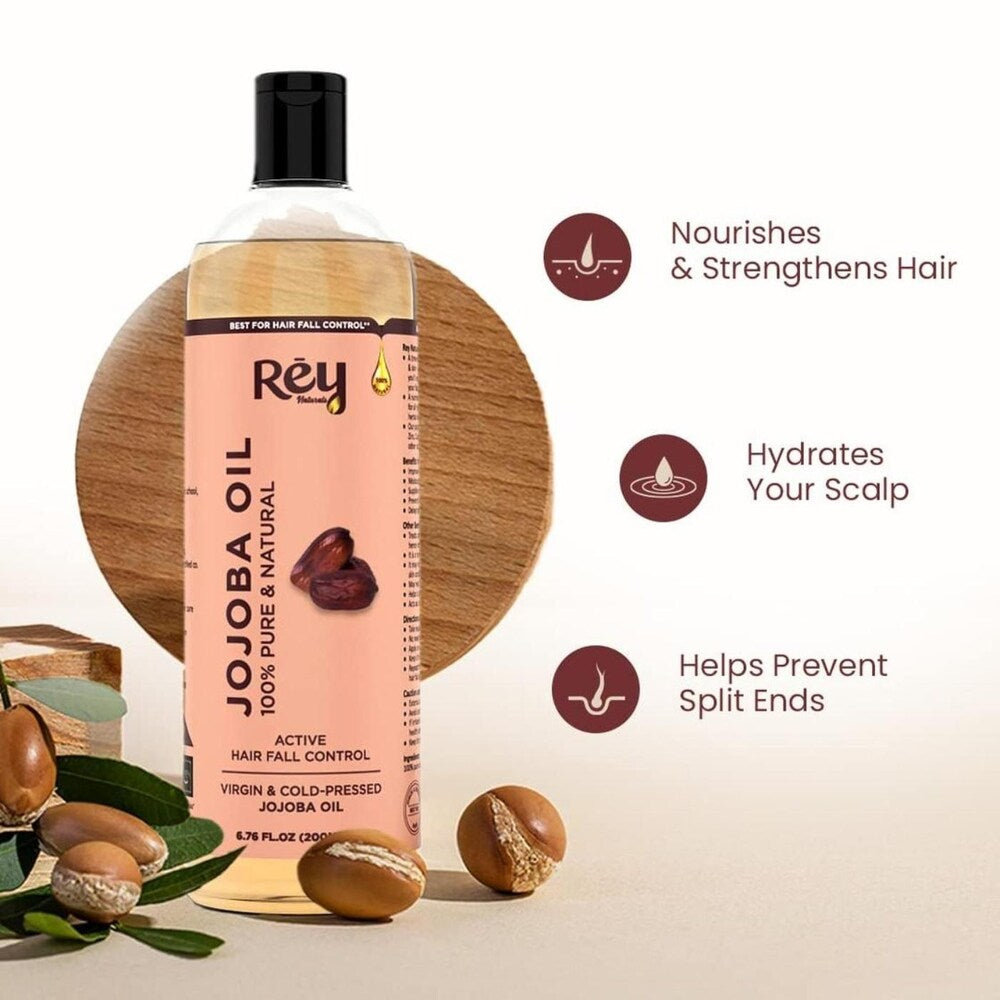 Rey Naturals - Jojoba Oil 100% Pure, Natural & Cold Pressed - Hydrates Skin, Nourishes Hair, Scalp | 200 Ml