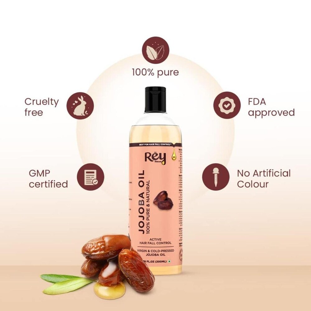 Rey Naturals - Jojoba Oil 100% Pure, Natural & Cold Pressed - Hydrates Skin, Nourishes Hair, Scalp | 200 Ml