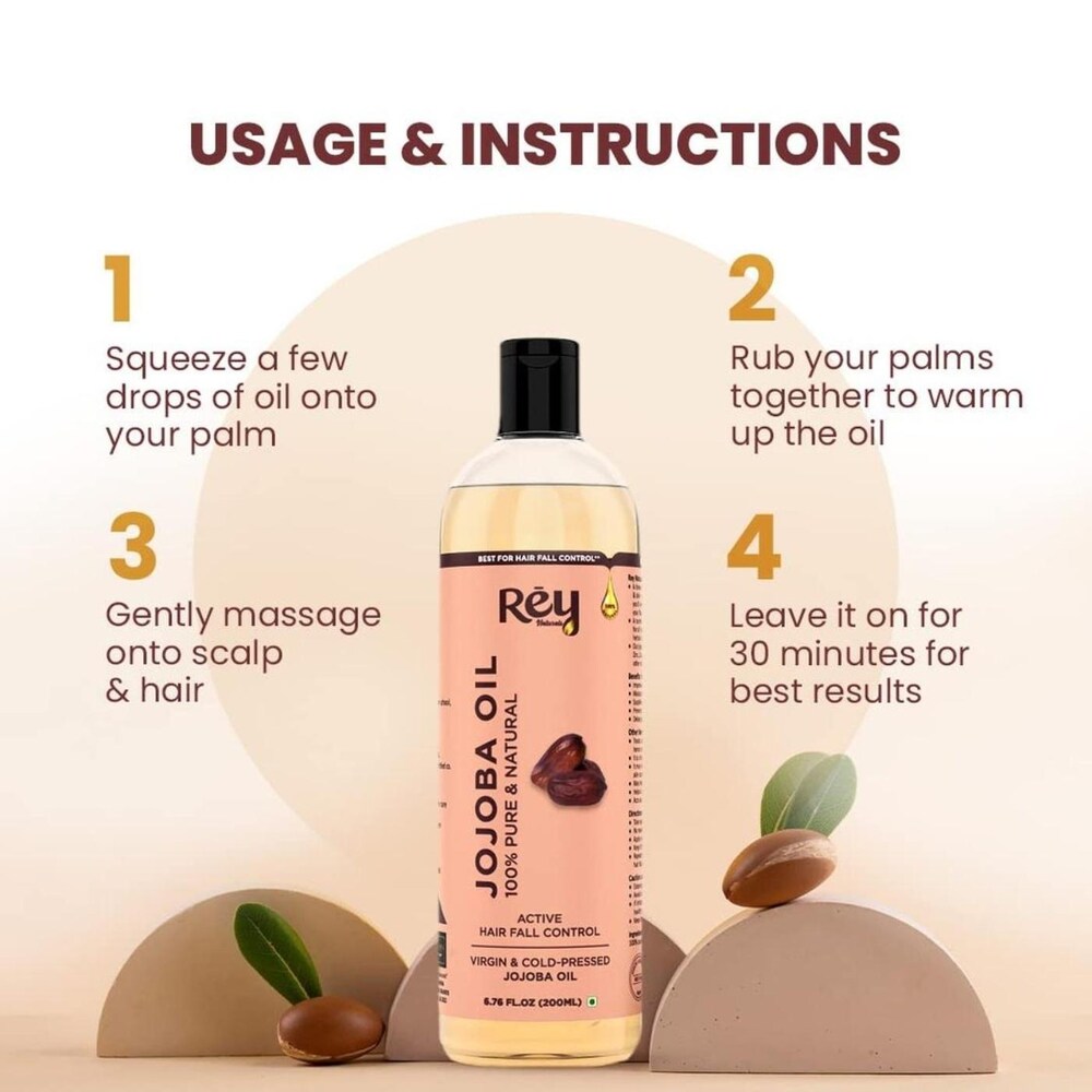 Rey Naturals - Jojoba Oil 100% Pure, Natural & Cold Pressed - Hydrates Skin, Nourishes Hair, Scalp | 200 Ml