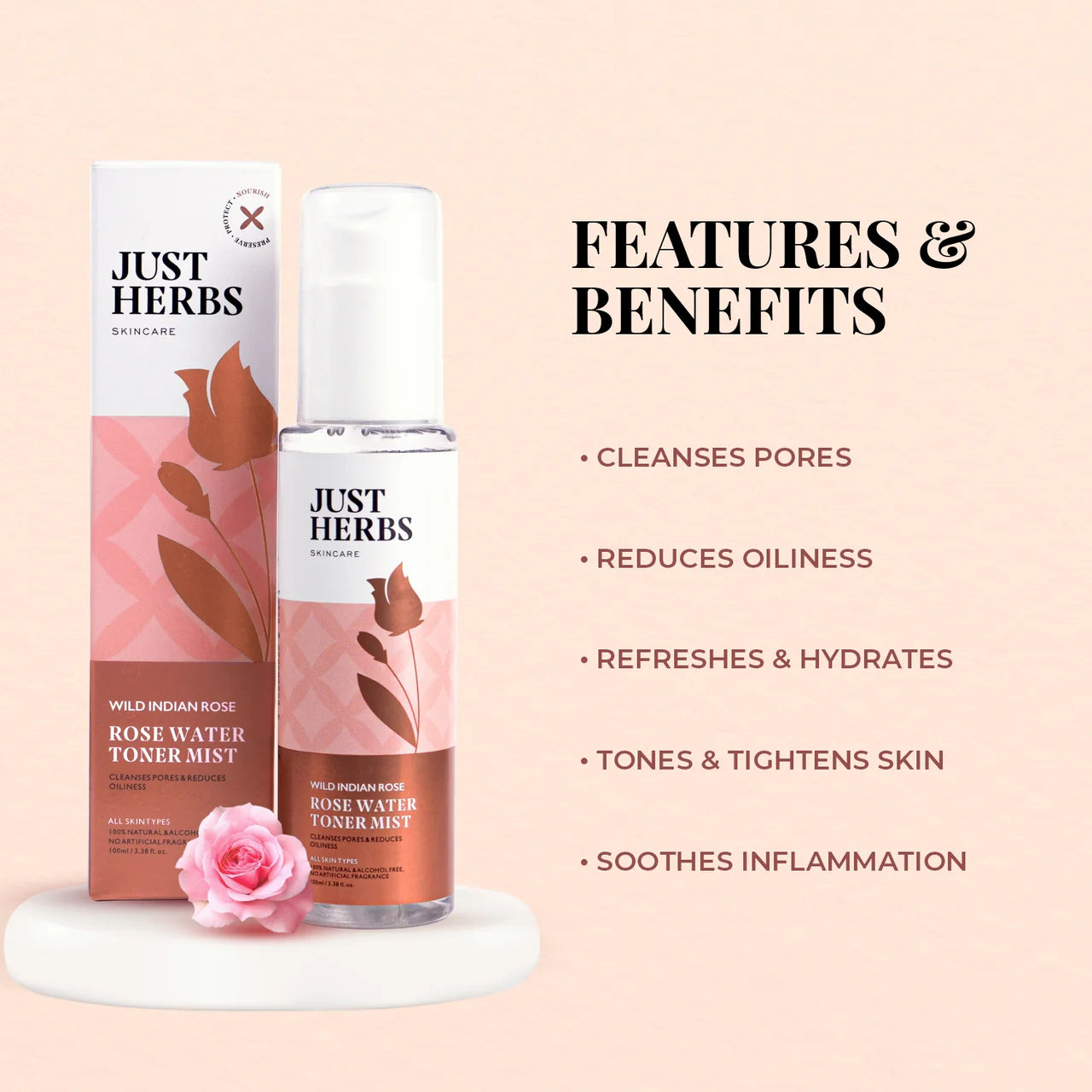 Just Herbs - Steam Distilled Rose Water Facial Mist 100ml