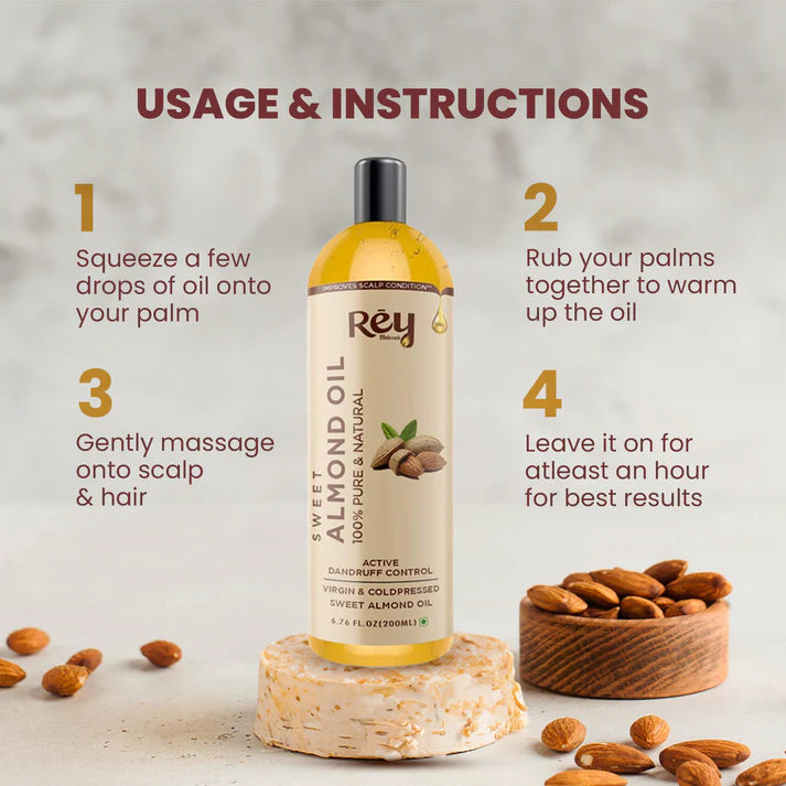 Rey Naturals - Sweet Almond Oil (Badam Oil) | 100% Pure, Cold Pressed Almond Hair Oil For Face, Skin & Hair | Rich In Vitamin-E | Oil For Soft, Shiny & Dandruff Free Hair | 200ml
