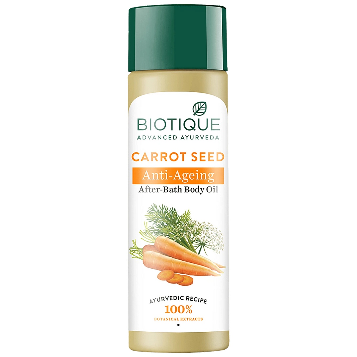 Biotique carrot seed anti-ageing after-bath body oil bottle, 120 ml